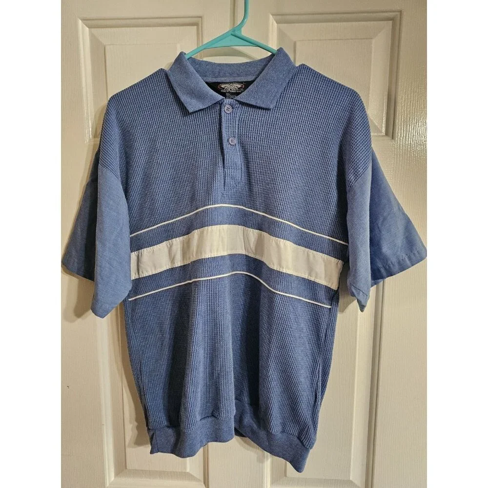 Vintage Knightsbridge Men Large Polo Blue Waffle Knit Stripe Archival Y2K Top - Picture 2 of 6
